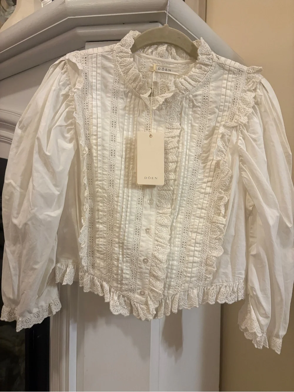 NWT Doen XS Amadine white Lace-Trim Puff Sleeve Blouse